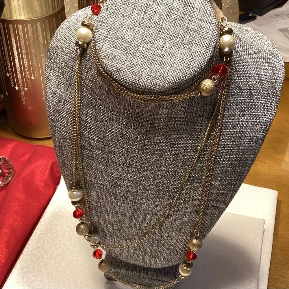 Elegant Goldtone Multi-Strand Necklace with Red and Faux Pearl Accents
